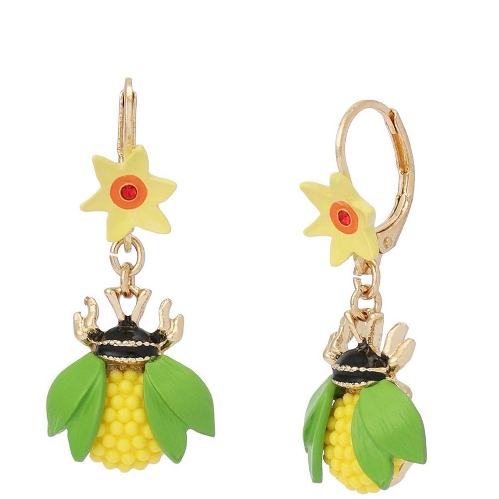 New Betsey Johnson faux Stone Hothouse Bloom Bee Drop Earrings